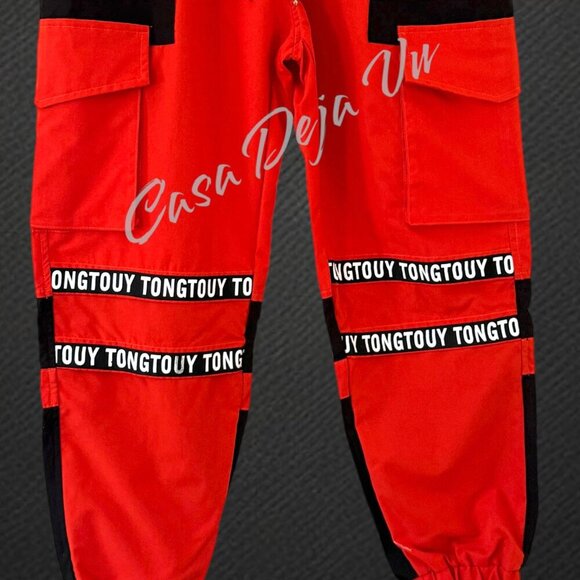 Tongtouy Slick Street Style Bright Orange Hip Hop Nylon Performance Pants Jogger - Picture 3 of 10